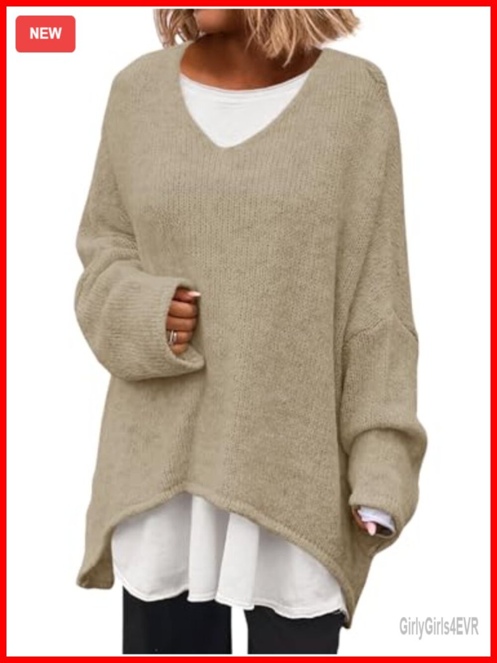 Oversized V Neck Batwing Long Sleeve Knit Slouchy Pullover Sweater